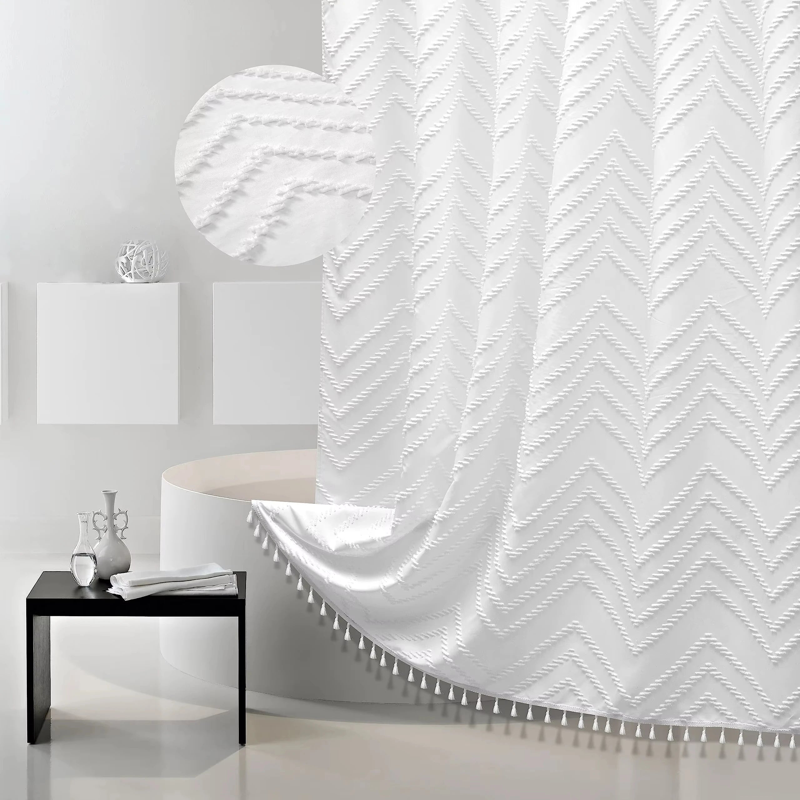 Modern Boho Waterproof Bathroom Shower Curtain with Tassel Woven Fabric and Hooks for Bathtub Coverage