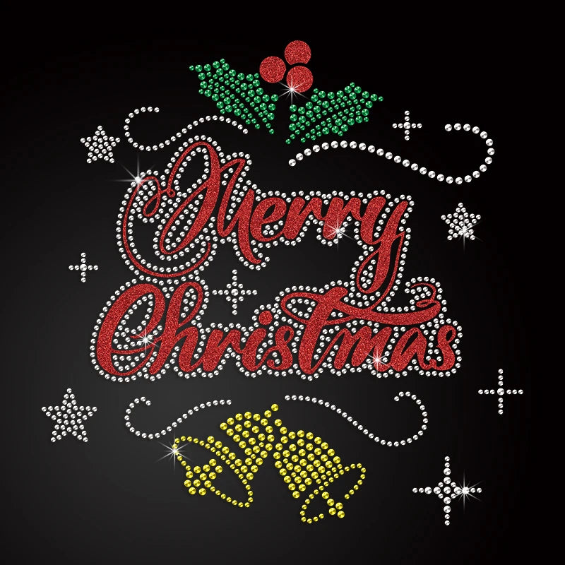 New Design Merry Christmas Bells and Holly Glitter Rhinestone Iron on for Hoodies and Bags