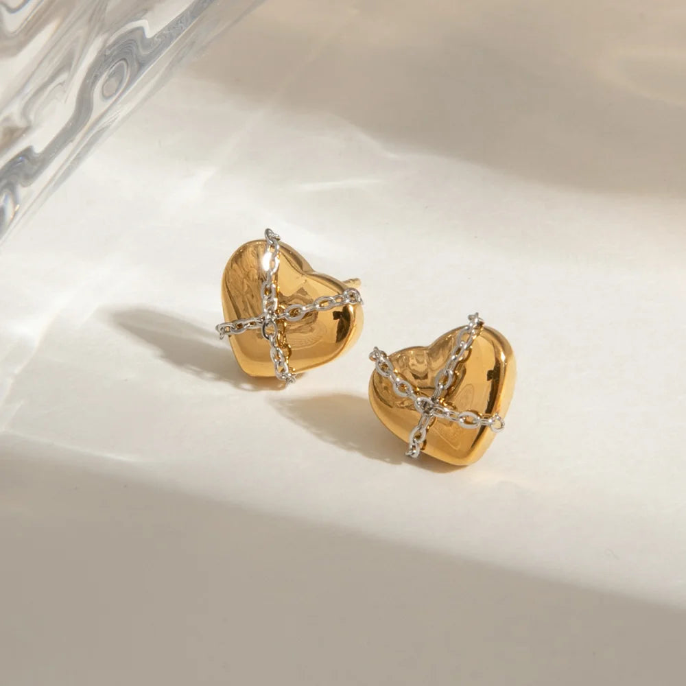 Custom Tarnish Free Fashion Jewelry 18K Gold Plated Stainless Steel Inlay Cross Chain Earrings Love Heart Stud Earrings Women