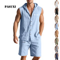 PASUXI Men's Linen Two-Piece Suit Summer Loose Casual Hooded Sleeveless Shorts Set for Summer Beach & Vacation Breathable