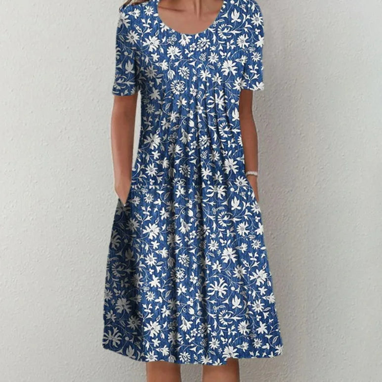 2025 Women's Casual Mid-Length Dress Cross-Border Trade on EBay for Wish Floral Print Neck Pocket Spring Summer
