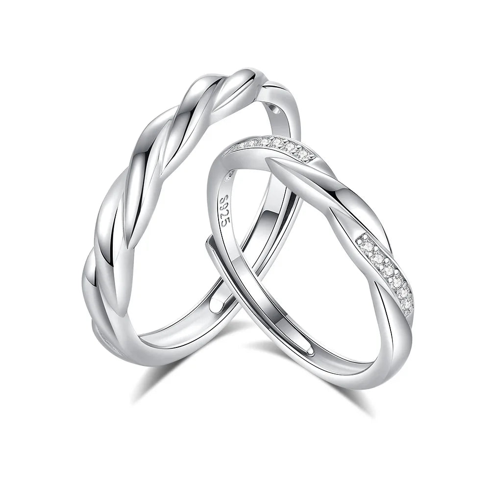 FDJZ-156 925 Sterling Silver Adjustable Couple Rings Shiny Diamond Hemp Rope Twist Classic Rhodium Plated for Weddings Men Women