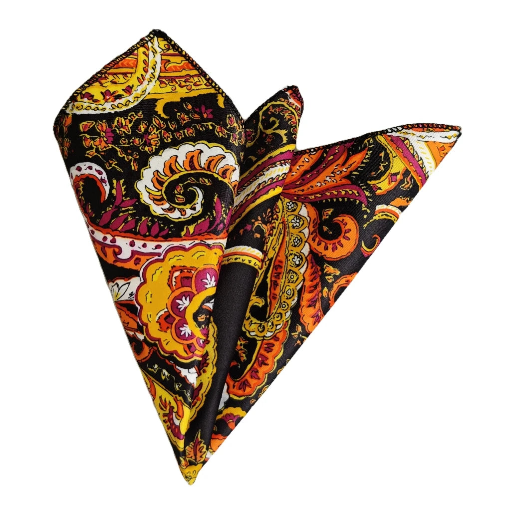 Multicolored Paisley Printed PES Pocket Square on Black