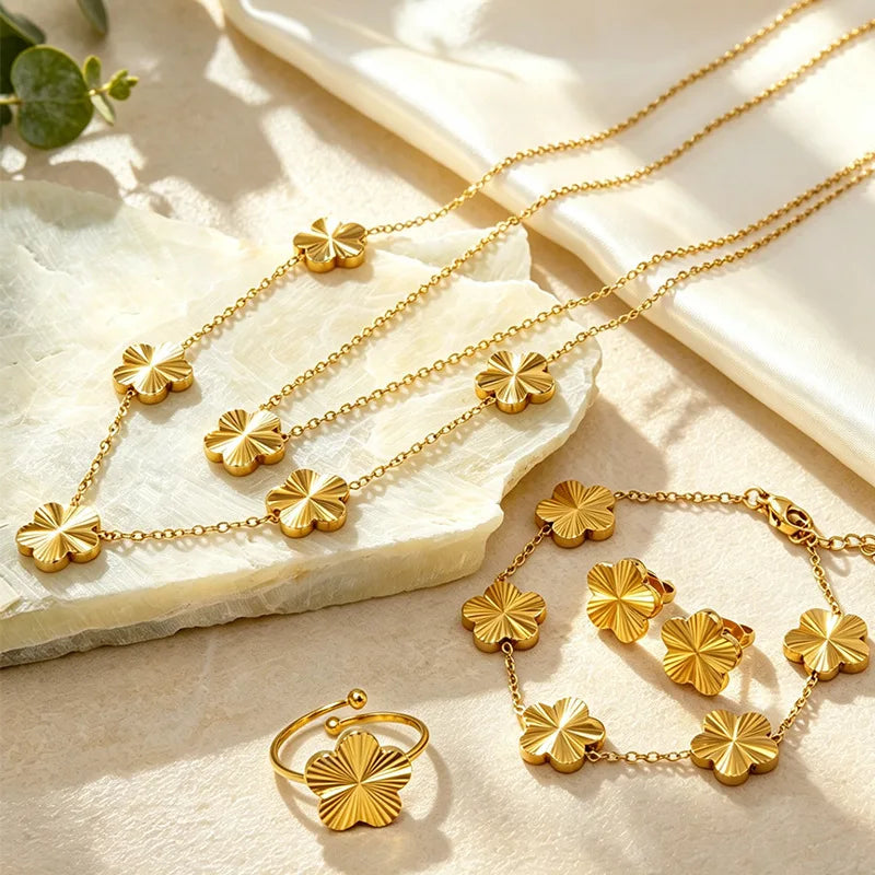 Resoul 18k gold plated clover jewelry set stainless steel ring earring necklace set luxury jewelry for unisex MegaBDM