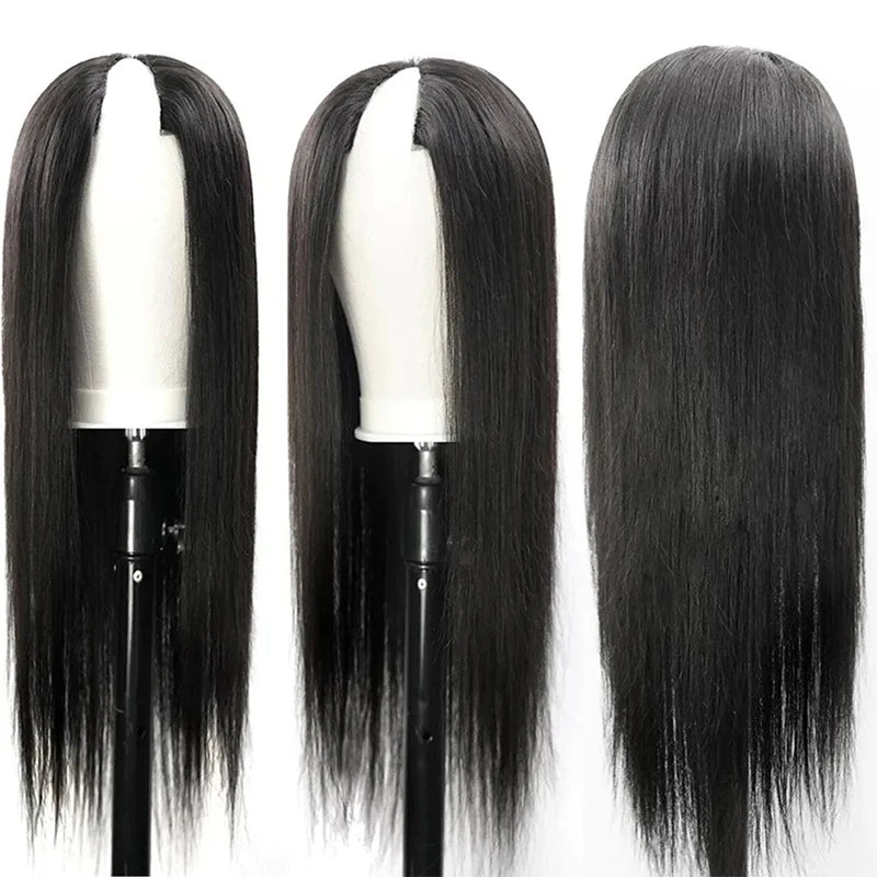 CLJhair V-Shape Glueless Wig Upgraded 100% Virgin Remy Brazilian Human Hair Straight Adjustable Stretch Straps Long Length Bangs