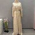 YKD022 2026 Sharut Popular Wholesale Modest Pearl 3 Pieces Set Abaya Dress Pearl Belt Kaftan Long Women Hijab Open Evening Abaya