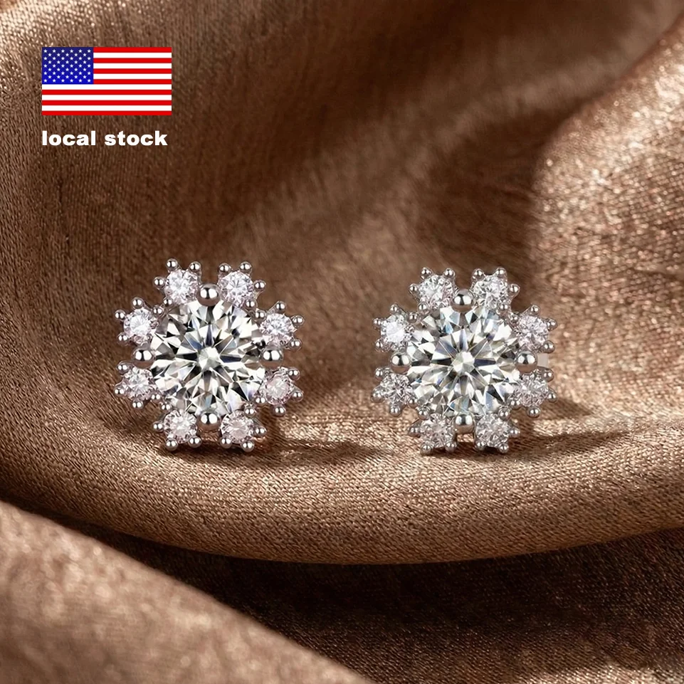 Us Warehouse Local Stock 925 Sterling Silver Fine Jewelry Female 0.5ct Snowflake Vvs1 d Color Flower Moissanite Stud Earrings