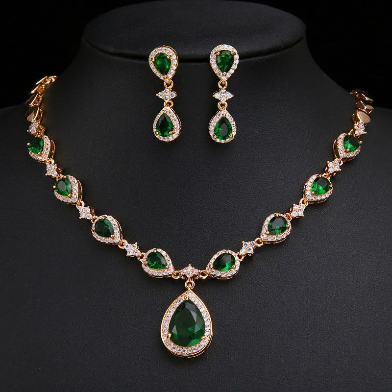 Wholesale Brass Green Gemstone Cubic Zirconia Silver Plated Peace Engagement Wedding Jewelry Bride Earrings Set and Necklace