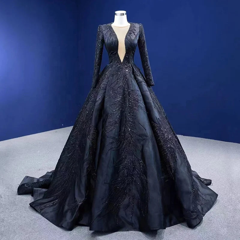 Jancember RSM67500 Stylish O-neck Long Sleeves Black Ball Gown Evening Dress