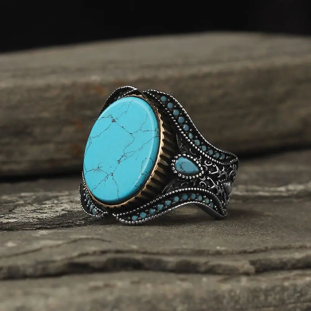Azuris Turkey 925 Sterling Silver Men's Ring Ottoman Style Natural Black Stone Fashionable Stylish VALKH1473