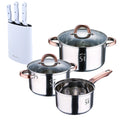 5-piece stainless steel cookware set (16/18/20) suitable for induction hobs + Bergner NATURALLY 3-piece stainless steel knife