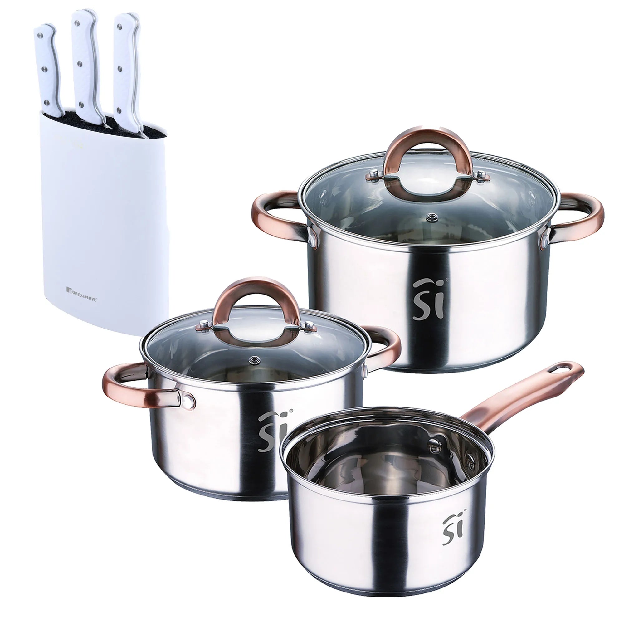 5-piece stainless steel cookware set (16/18/20) suitable for induction hobs + Bergner NATURALLY 3-piece stainless steel knife