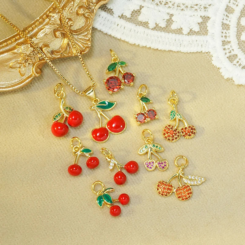 Trendy Custom Enamel Zircon Fruit Metal Pendants 18K Gold Plated Cherry Pendants Necklaces Charms for Jewelry Making Bracelet
