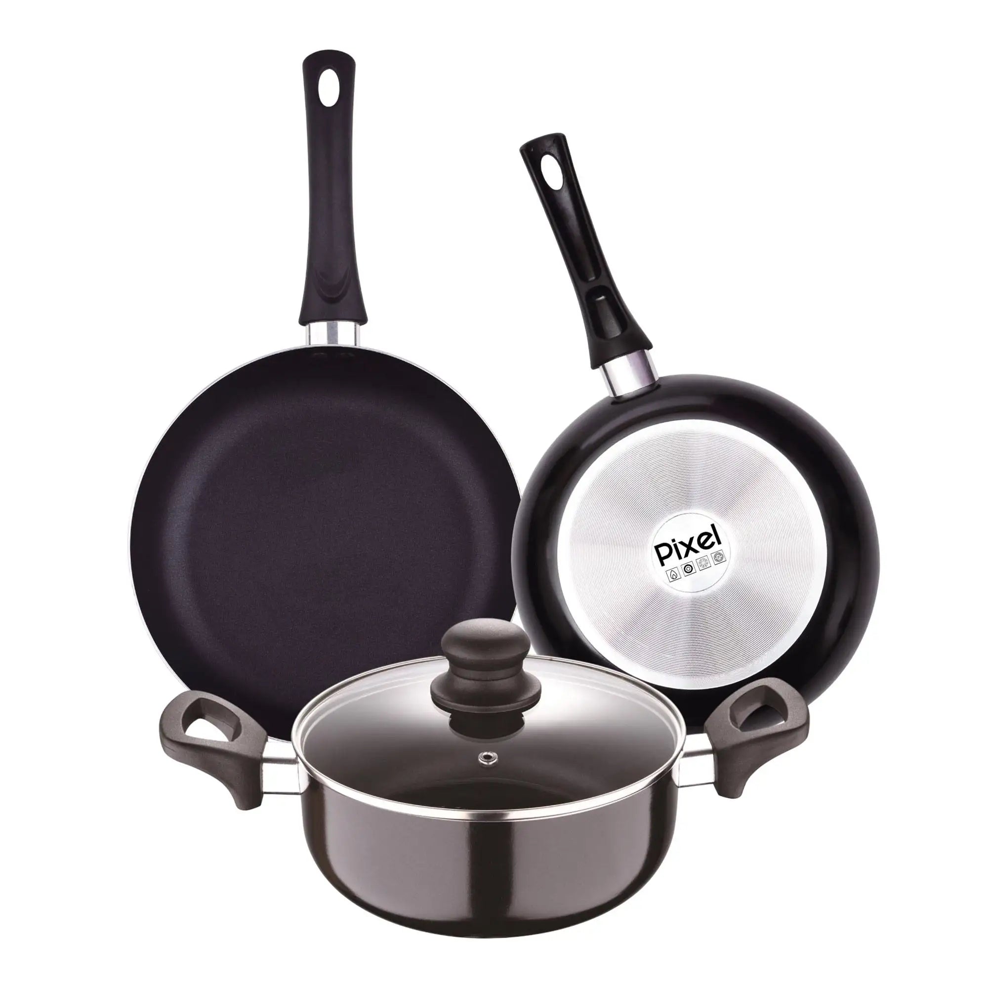 PIXEL Chef Sauce Set of 2 Frying Pans 20/24cm + Saucepan with Lid 24cm in Pressed Aluminum and Non-Stick