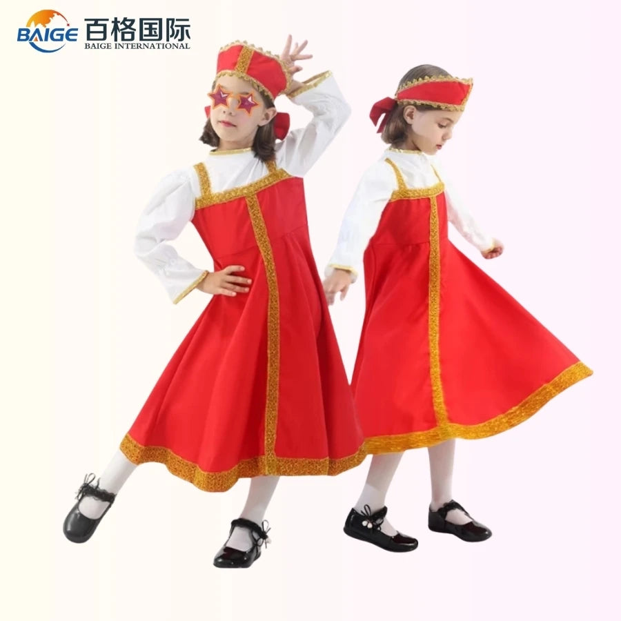 BAIGE New Arrival Children's Skirt Russian National Costume Girls Dance Stage Performance Red Dress