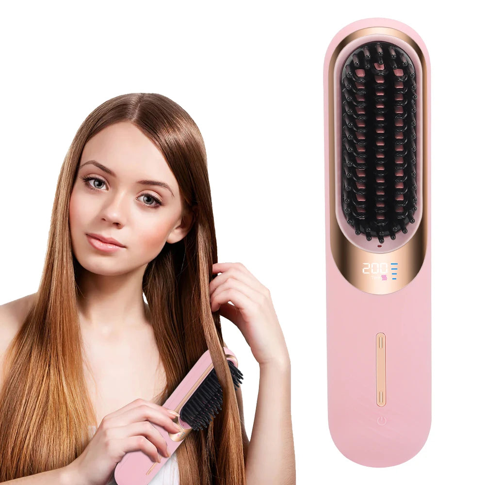Professional Cordless Electric Hair Styler LED USB Powered Heating Ceramic Comb Hot Straightener Brush Wireless Hair Tools
