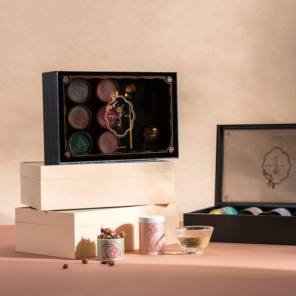 Tianhui Black Tea Gift Box Empty Paper Box Custom with Clear Acrylic Lid Tea Box Rose Tea Gift Set Packaging