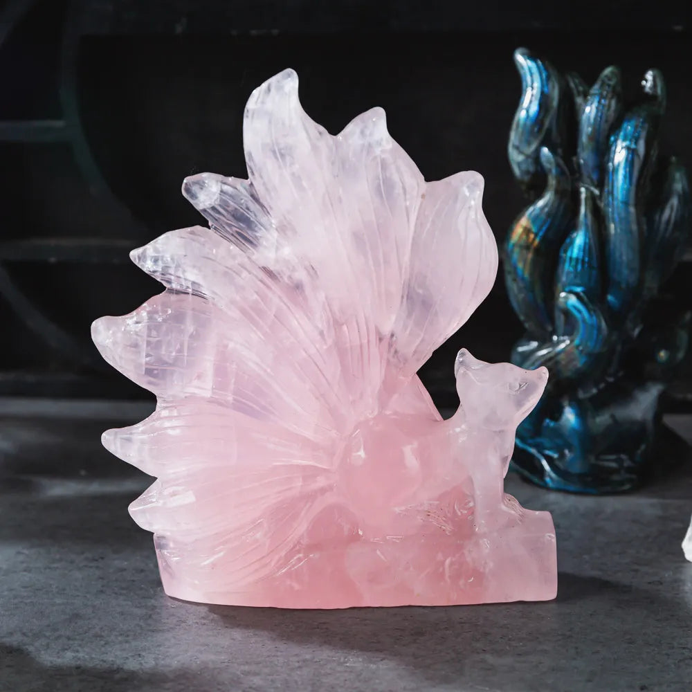 High-quality Rose Quartz Nine-tailed fox Carvings in Various Materials Crystal Quartz for Sale