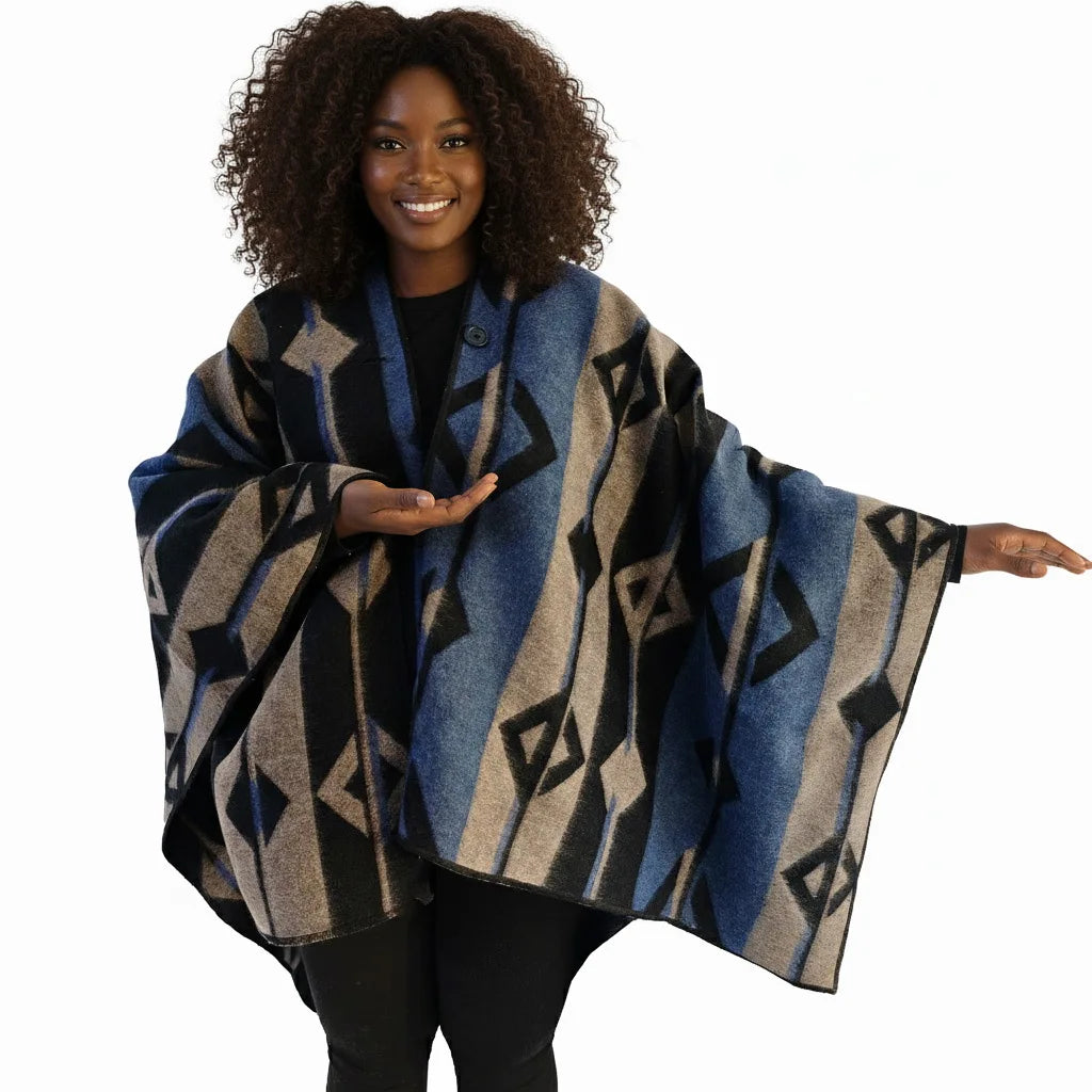 Exve Exclusive Blue Beige Black Ethnic Patterned Non-Pilling Wool Shawl Poncho Warm Unisex Winter Camping Turkey