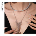 Natuna Fashion Sense 925 Silver Lava Star V-Shaped Tassel Necklace for Women Romantic Fine Necklaces for Wedding
