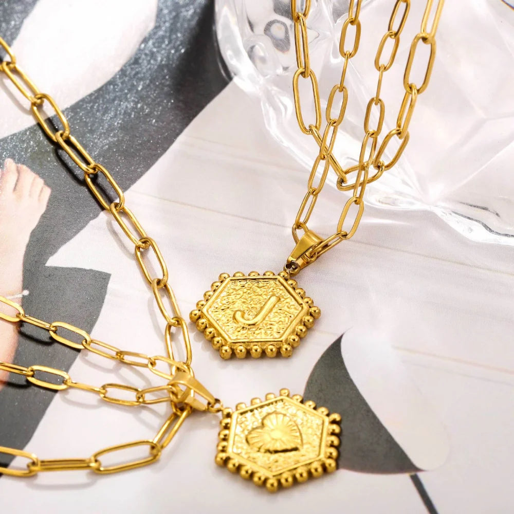 Stainless Steel A-Z Letter Clavicle Chain Long O-shaped Chain Double-layer Fashionable Hexagonal love Necklace