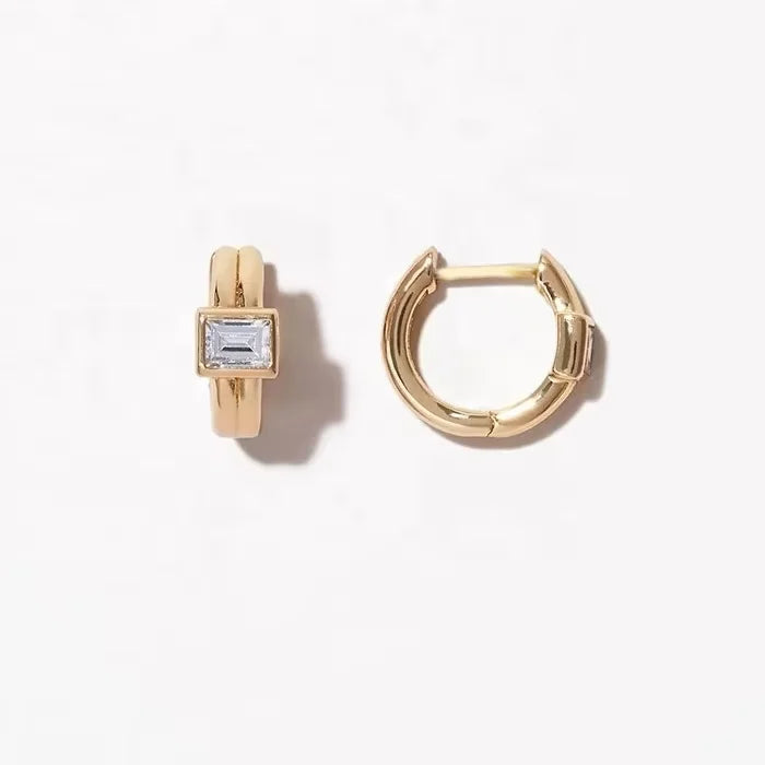 Gold Vermeil 925 Silver Zirconia Baguette Tiny Huggie Hoop Delicate Earrings