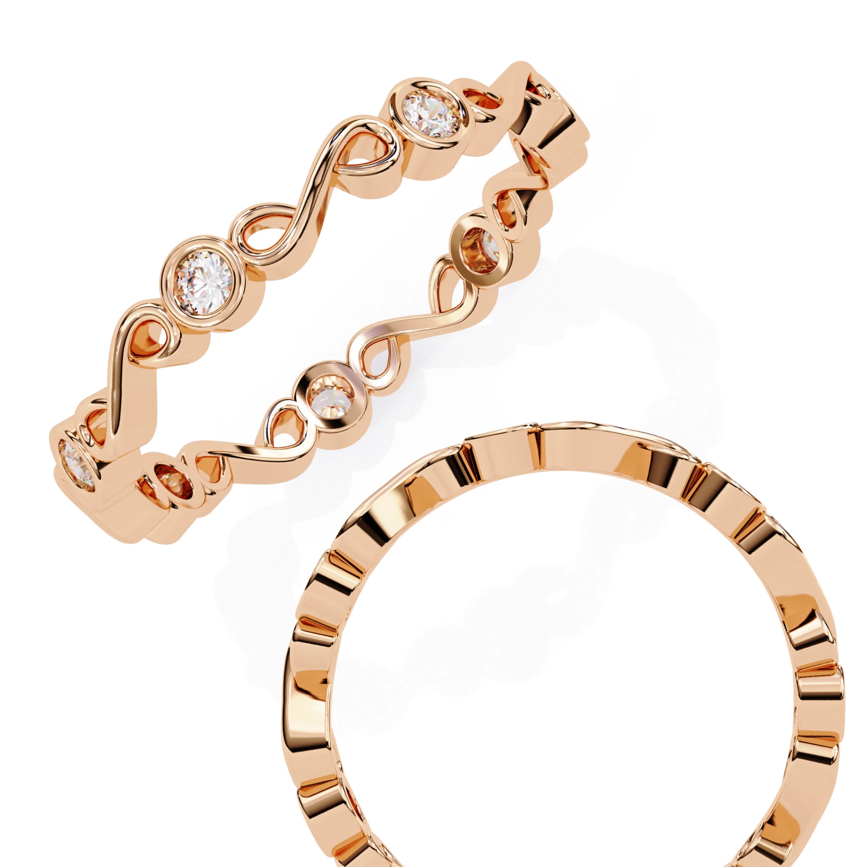 Elegant Infinity Zircon Eternity Ring 14K Rose Gold Stackable Wedding Band IGI Anniversary Bezel Set Luxury Unisex
