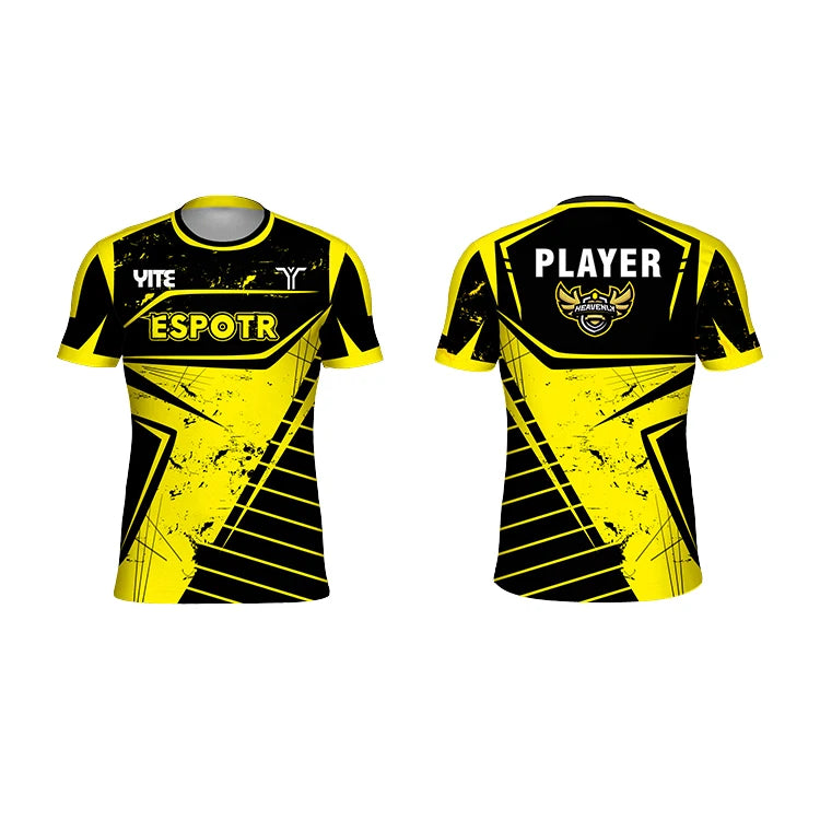 Black and Yellow Color Custom Logo Men's Esports Jersey Design Sublimation Transfer Print 100% Polyester Eco-Friendly