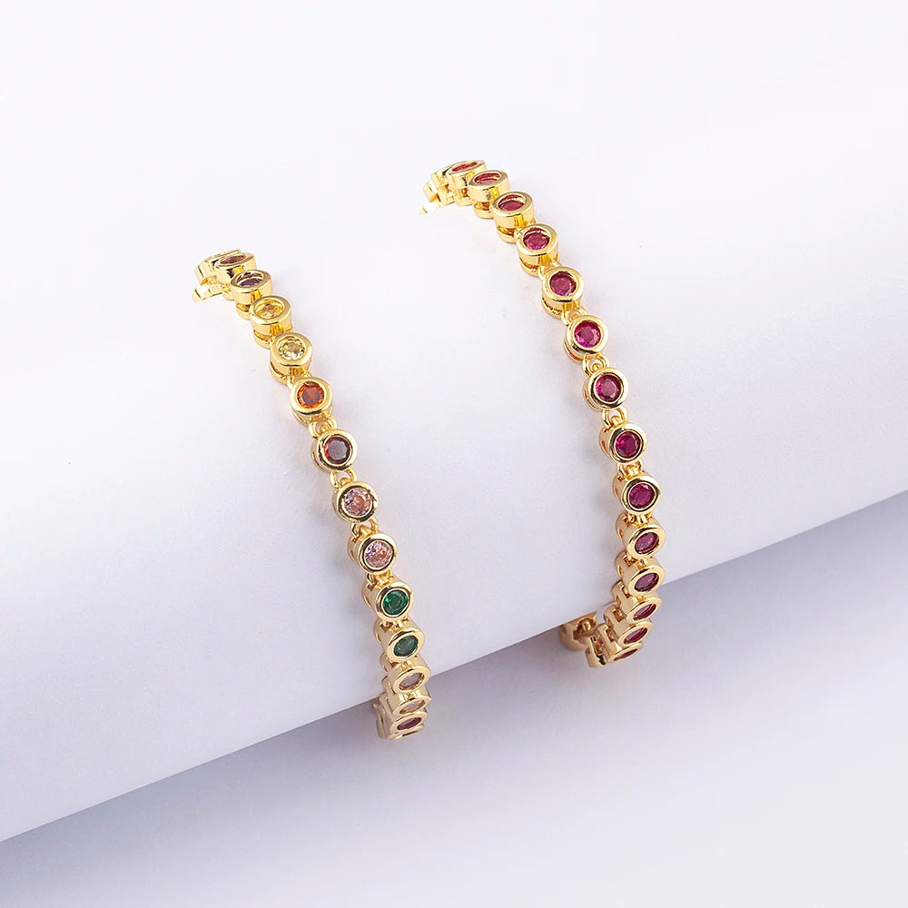 QIKU Top Quality Elegant Colorful Round Rhinestone Bracelets Women Copper Zircon Fashion Crystal Tennis Bracelet Jewelry