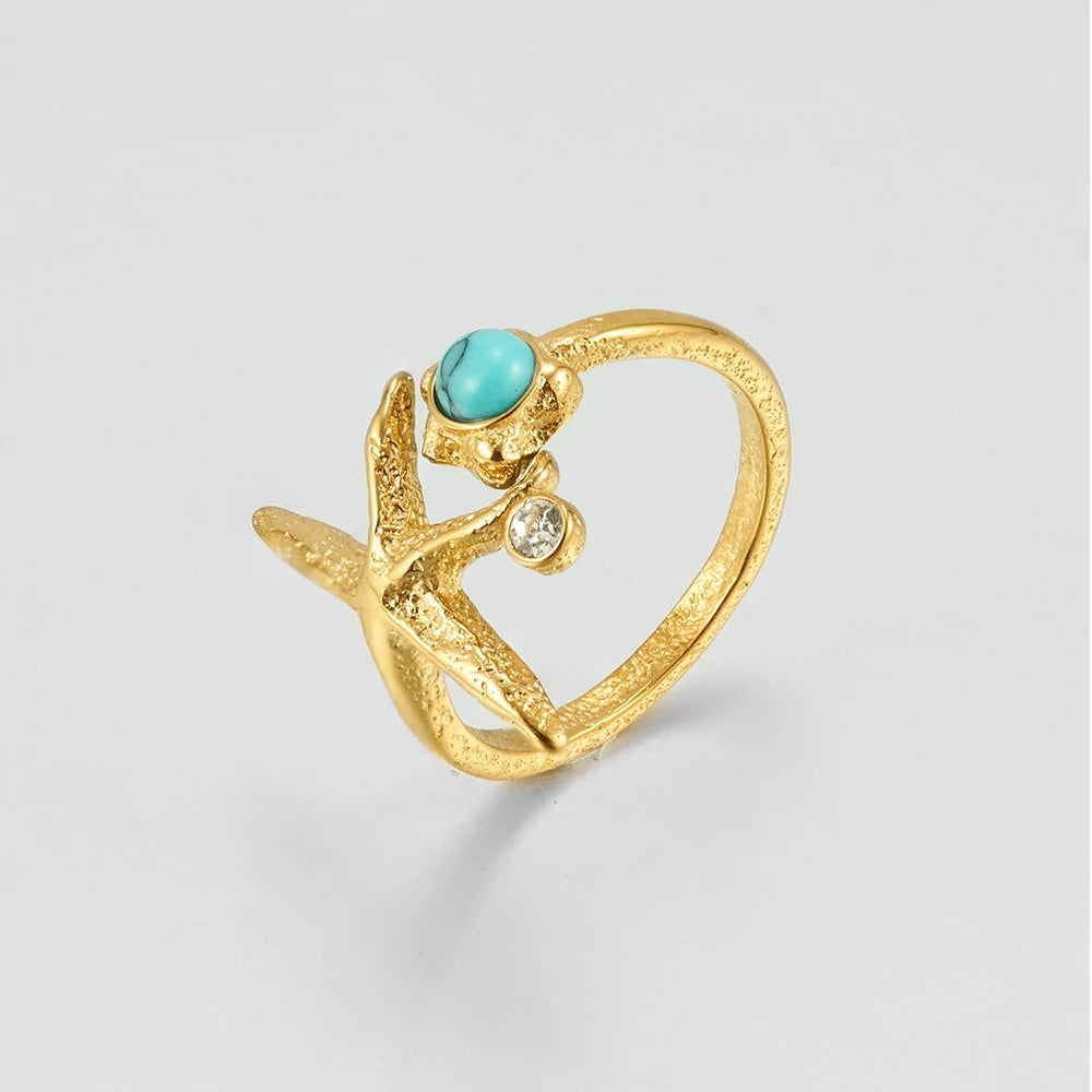 Latest 18K Gold Plated Stainless Steel Jewelry Starfish With CZ Gemstone Rings Waterproof for Women Wholesale Ring R244436
