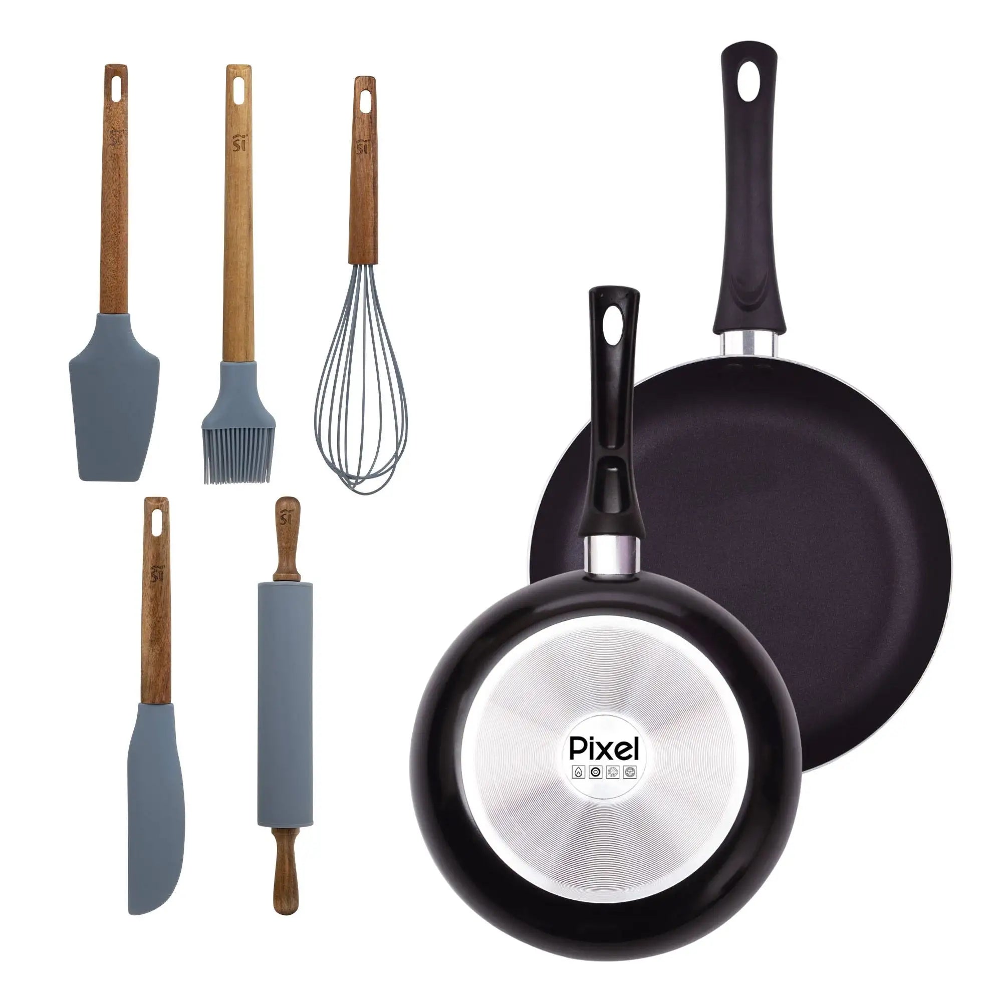 Set of 2 non-stick pressed aluminum frying pans (2024cm) + Set of 5 silicone and wooden kitchen utensils PIXEL Chef Sauce