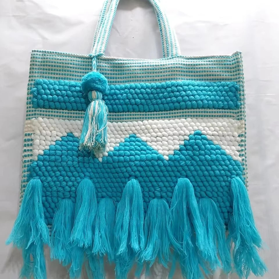 Handcrafted Cotton Woven Foldable Tote Bags Fringe Pom Pom Rope Zipper Closure Stylish Boho Shoulder Bags for Ladies Casual