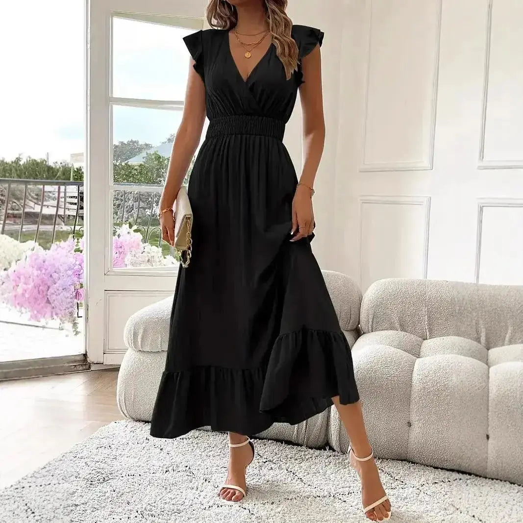 2025 Vintage Floral Short-Sleeved Dress Romantic Floor-Length Woven for Spring and Autumn Seasons
