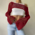 2025 New Cross-Border Women's Sexy Cutout Knit Top - Solid Color Crew Neck Long Sleeve-2