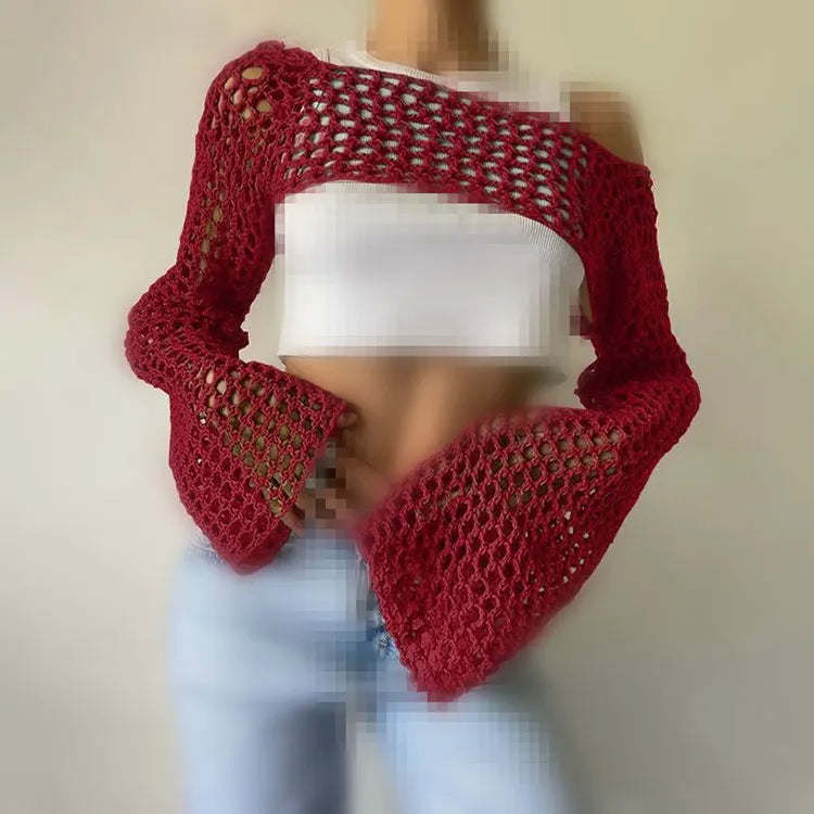 2025 New Cross-Border Women's Sexy Cutout Knit Top - Solid Color Crew Neck Long Sleeve-2