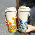 500ml Stainless Steel Double Wall Coffee Mug with Gold UV Printing Insulated BPA-free Leak Proof Water Bottle with Rope Handle