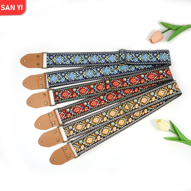 Retro Adjustable Polyester Jacquard Guitar Strap with Leather End for String Instrument Parts and Accessories