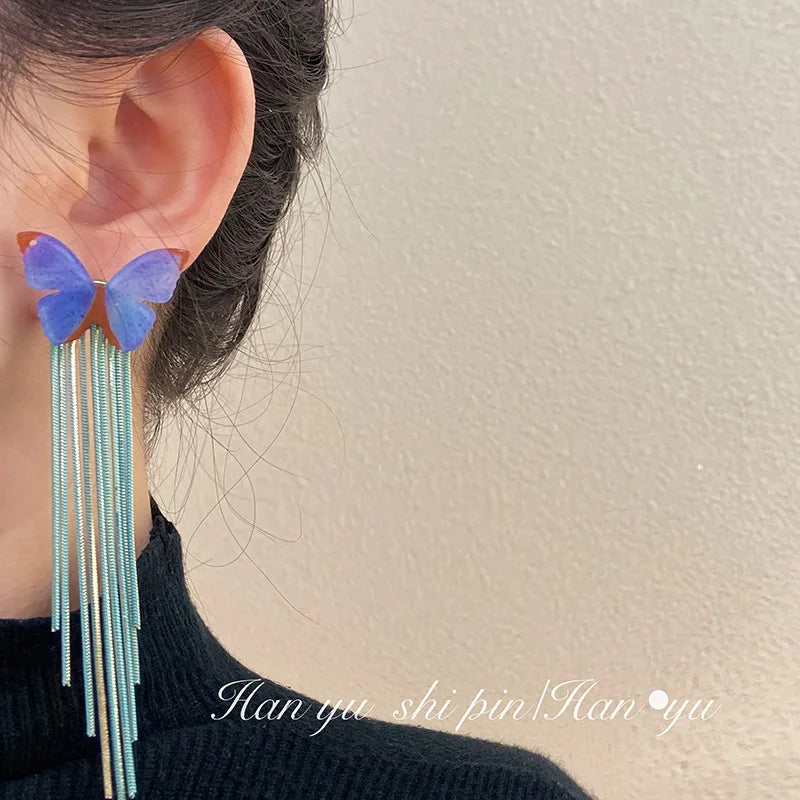 New Jewelry Women Fashion Bohemian Blue Butterfly Long Tassel BOHO Drop Pendant Earring for Women Girl Lady