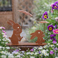 Rusty Metal Rabbit Ornament with Umbrella Vintage Iron Bunny Garden Decoration for Flower Pots Yard Art Outdoor Spring DÃ©cor