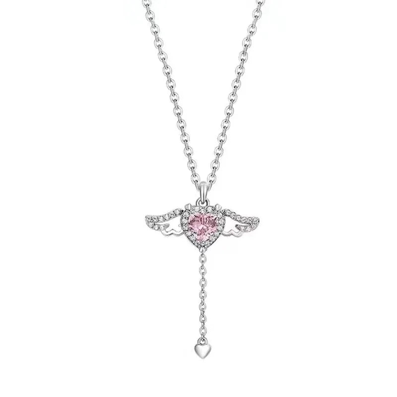 Romantic Heart shaped Necklace with Angel Wings 925 Silver Pink and White Zircon