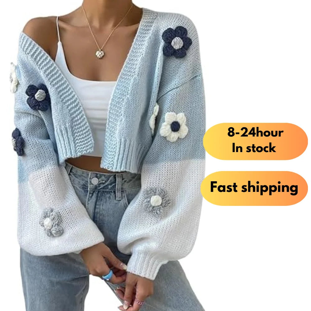 Hot Sale Womens Long Sleeve Open Front Sweaters Floral Colorblock Drop Shoulder Cardigan Women's Sweaters with Buttons