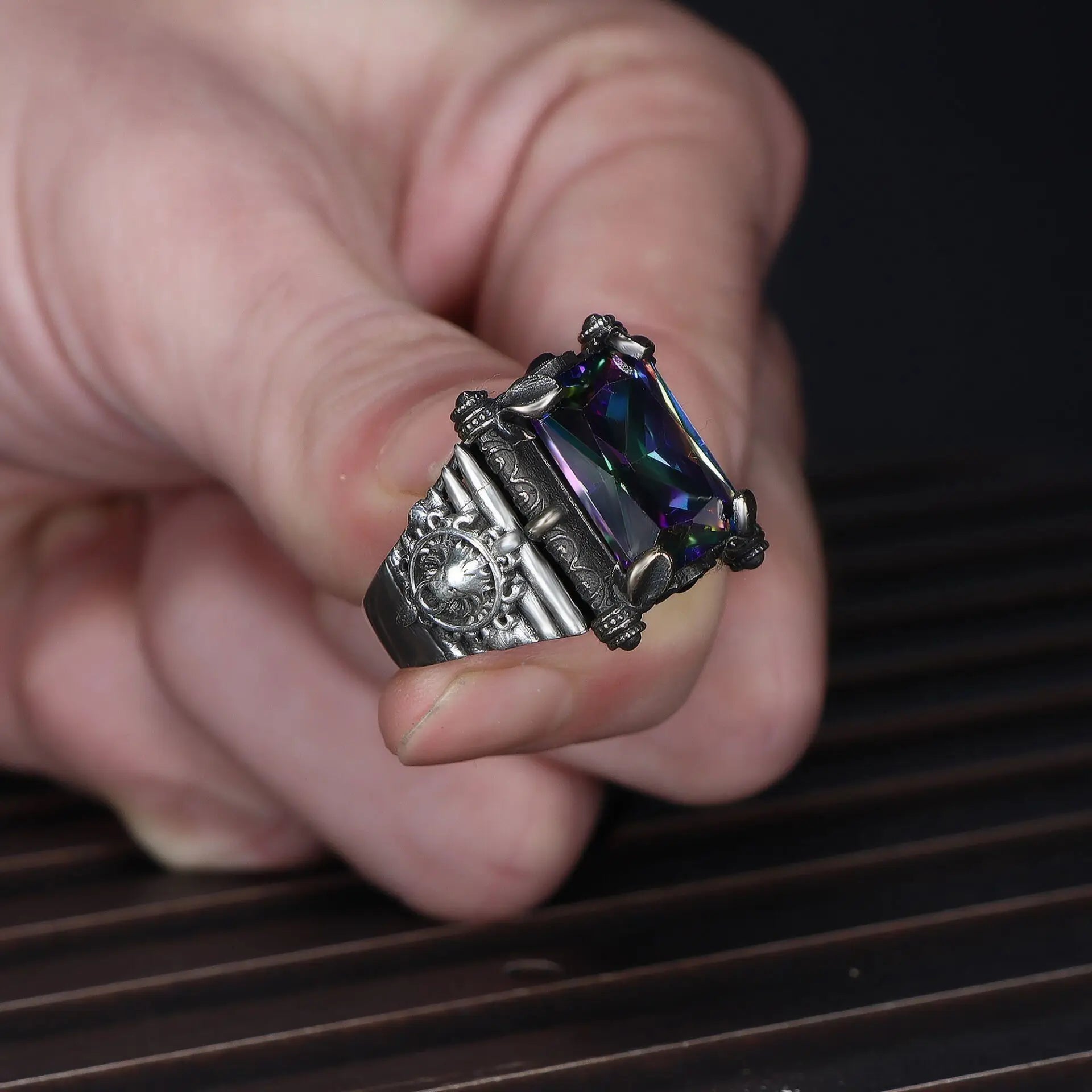 Azuris Custom Logo 925 Sterling Silver Ottoman Style Men's Ring Naturel Black Stone Handmade in Turkey VALKH1577