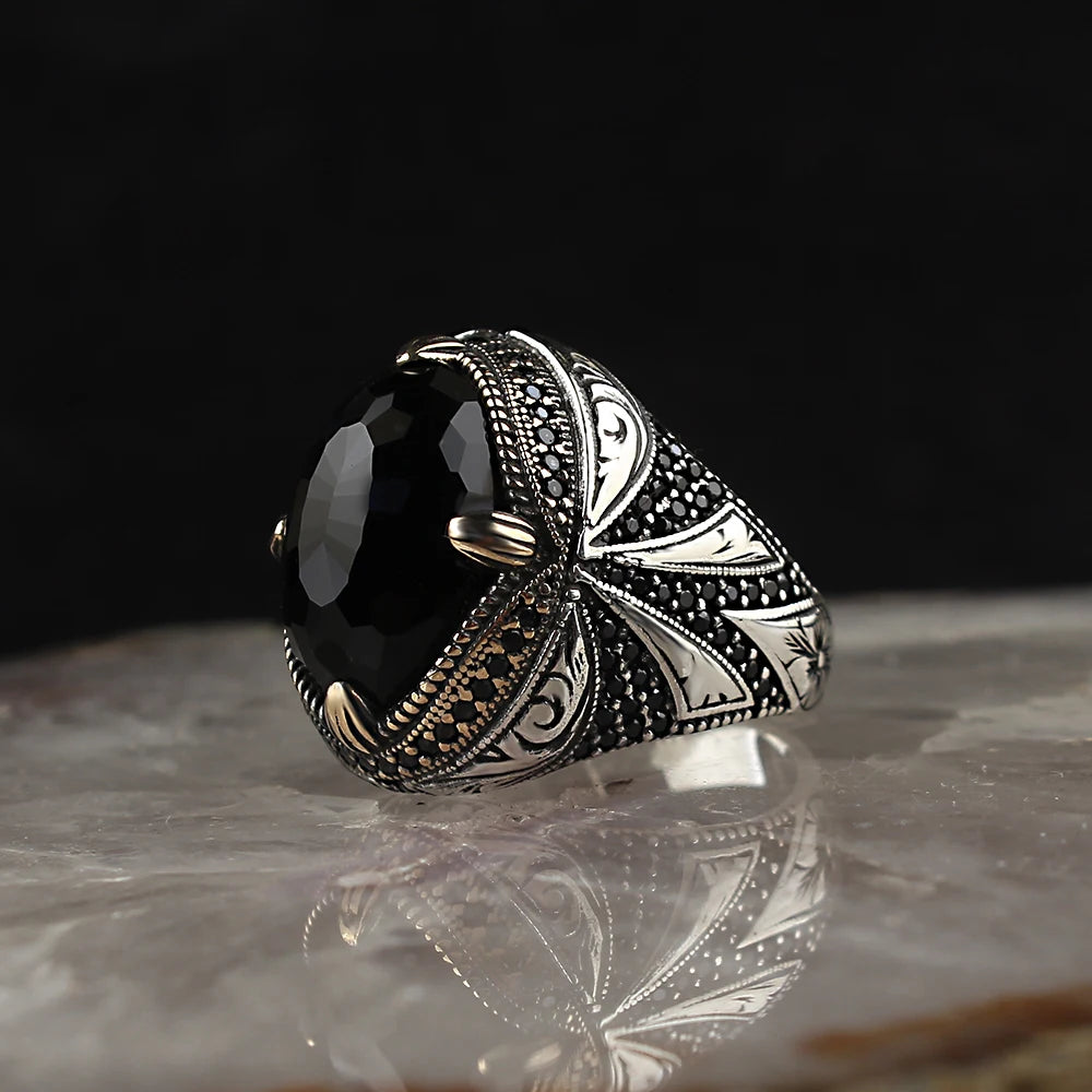 Turkish Jewelry Ottoman Ring Mens Luxury 925 Sterling Silver Black Ring Natural Stone Wholesale Jewelry From Turkey