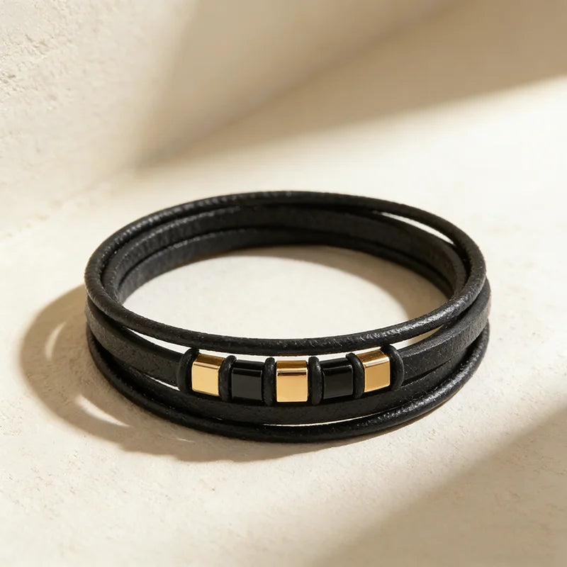 Combination Small Accessories Stitching DIY Stainless Steel Multiple-Layer Mens Leather Bracelet 19/21/23 cm Classic Bangle Gift