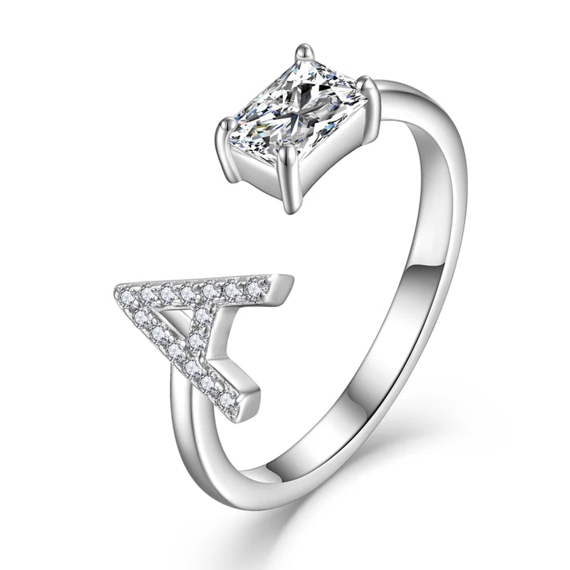 925 Sterling Silver Personalized Initial Letter a Adjustable Cubic Zirconia Ring Rhodium Plating Letter Design Ring for Women MegaBDM