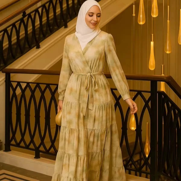 2025 Customizable Eid Dubai Muslim Islamic Chiffon Full-Length Printed Muslim Fashion Floral Print Dress Banquet Tiktok Ig MegaBDM