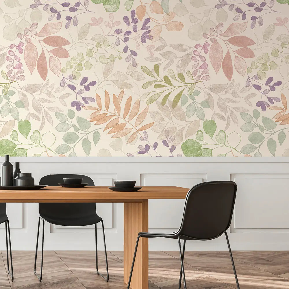 Made in Germany Photo Wallpaper Murals Flowers Cream Green Violet Brown Non Woven Vinyl Wall Mural Leaves Scenic - 280 x 159 m