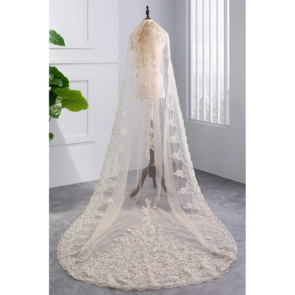 Luxury Beautiful Lace Sequined One-Layer Ivory&white&champagne Long Wedding Bridal Dress Veil with Comb