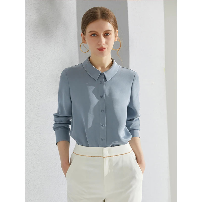 High - End 6A - Grade 100% Mulberry Silk Long - Sleeved Shirt for Women in Misty Blue 30 Momme Heavy - Weight Silk Blouse