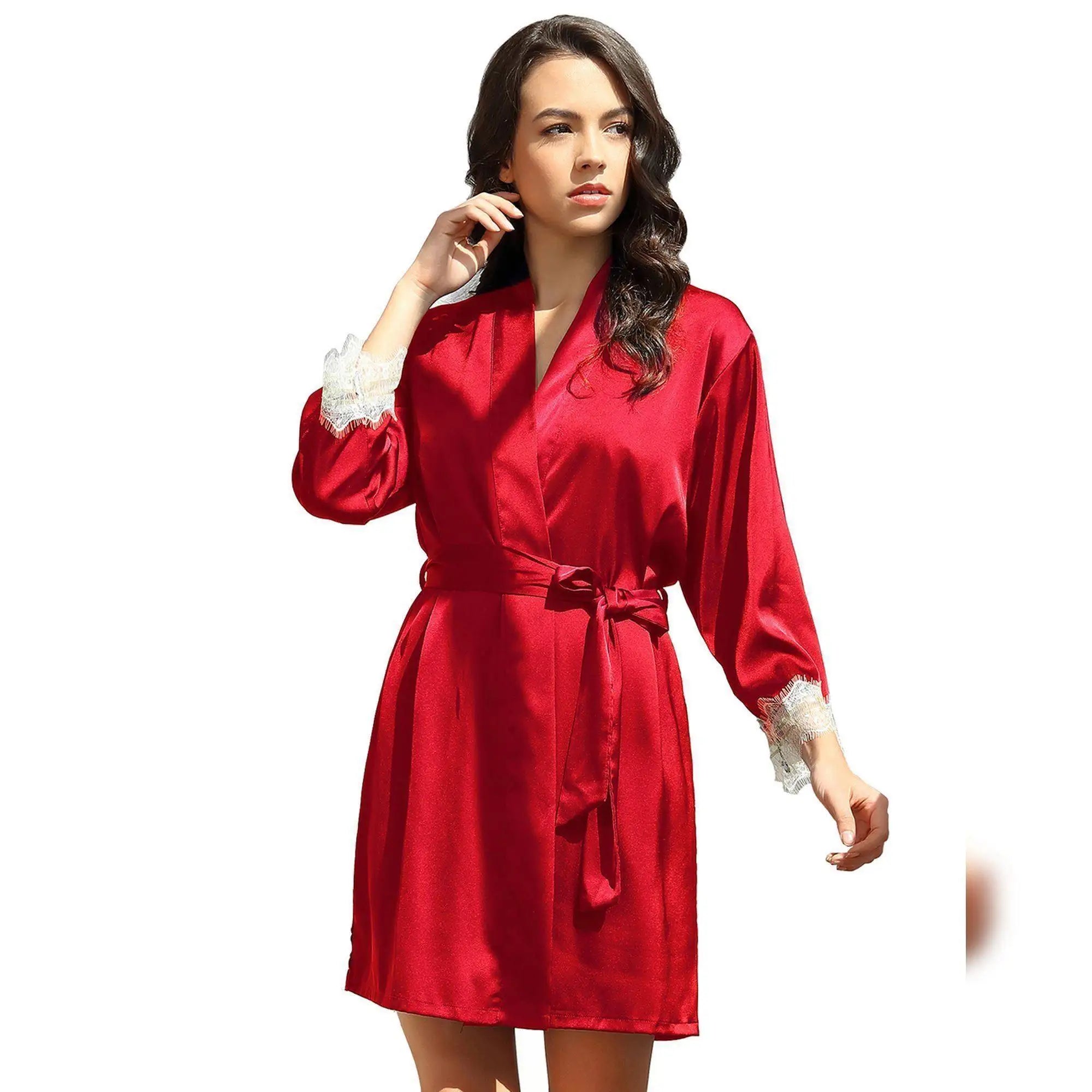 Two-piece pajamas with red silk satin lace trim size L
